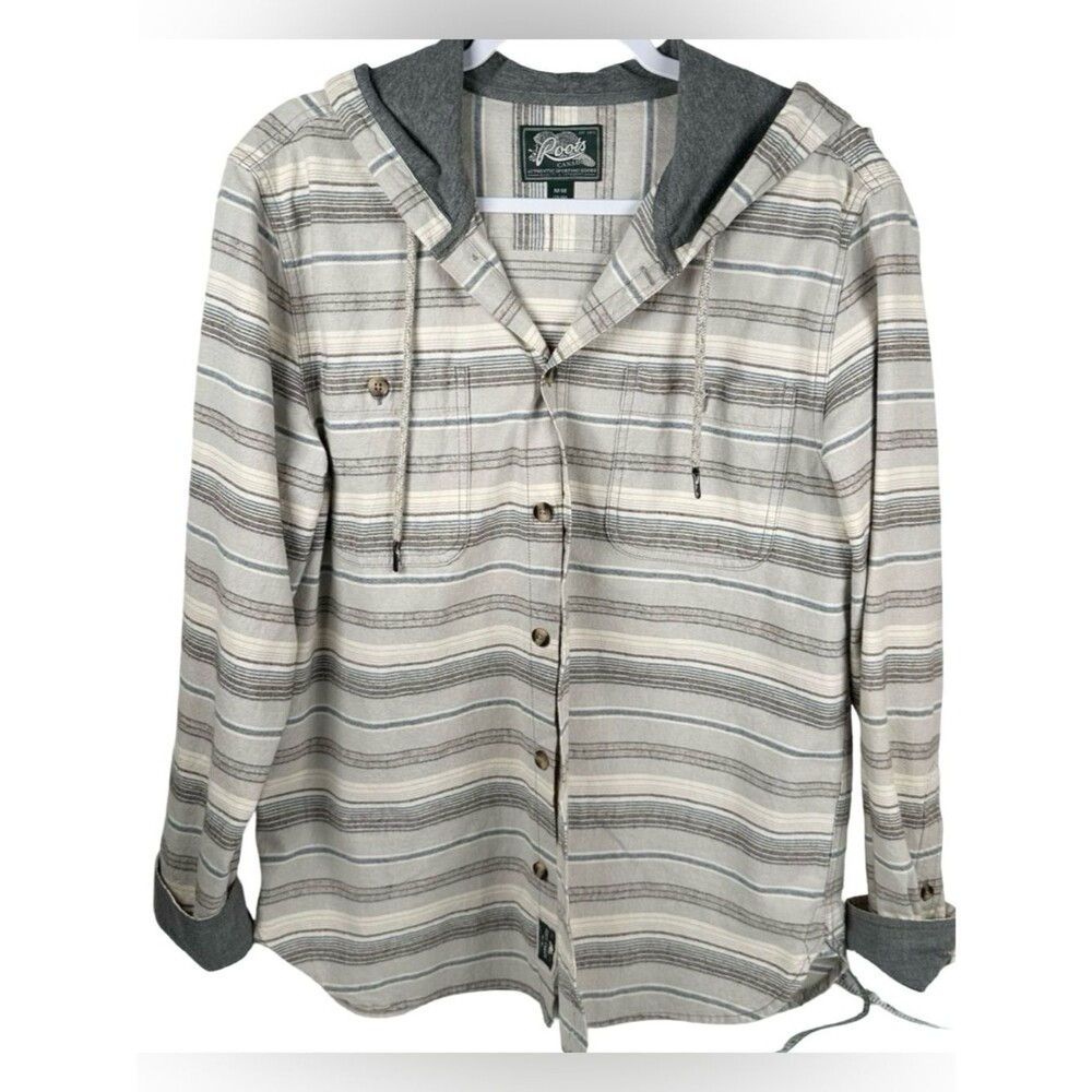 Roots Canada Gray Striped Cotton Button Front Hoodie Jacket Men’s/Unisex Medium
